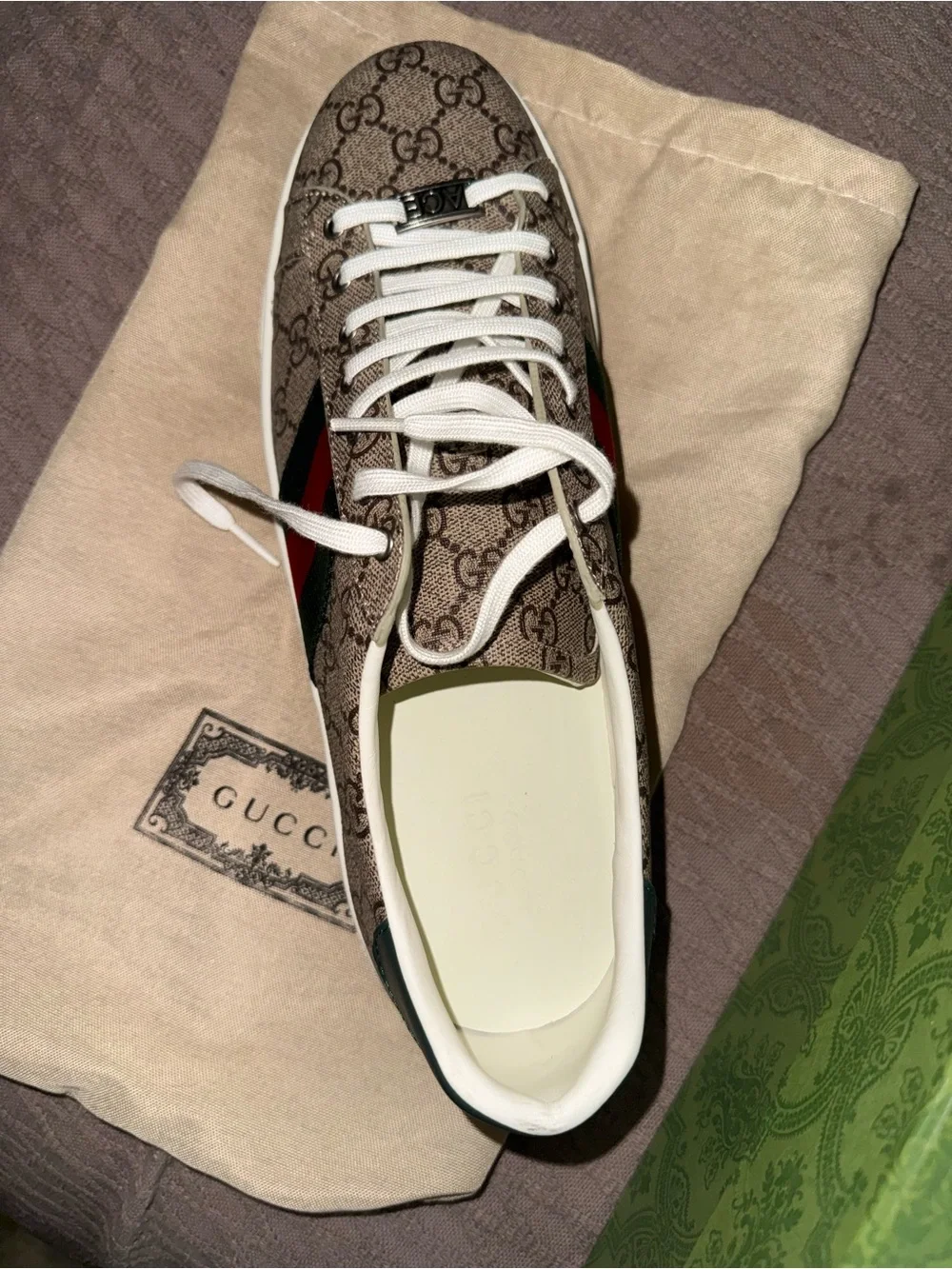 Gucci Brown GG Canvas Sneaker with White Laces and Green-Red Web